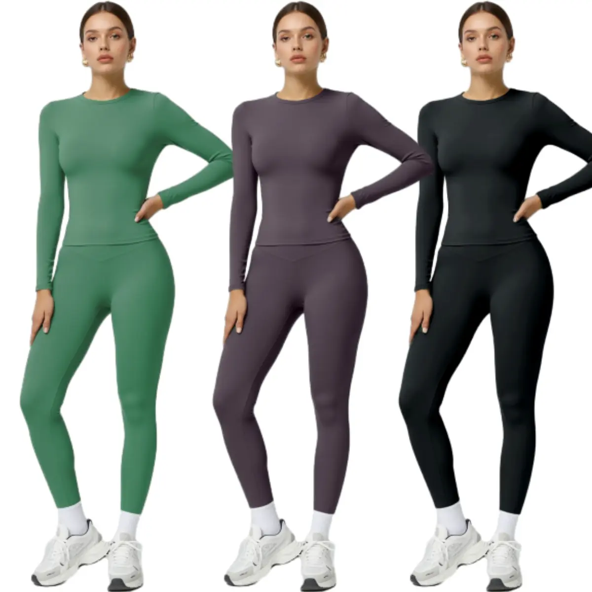 Women's 2-Piece Solid Color Long Sleeve Round Neck Top & Leggings Athletic Tracksuit, Comfy Breathable Tight-Fit Sweatsuit Matching Set for Yoga, Gym, Activewear Clothing, Matching Activewear Set