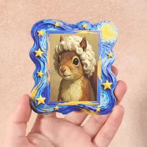 Starry Night Style Refrigerator Magnet, Squirrel with Fluffy Wig, Cute and Warm Home Decor Gift for Living Room Bedroom Kitchen