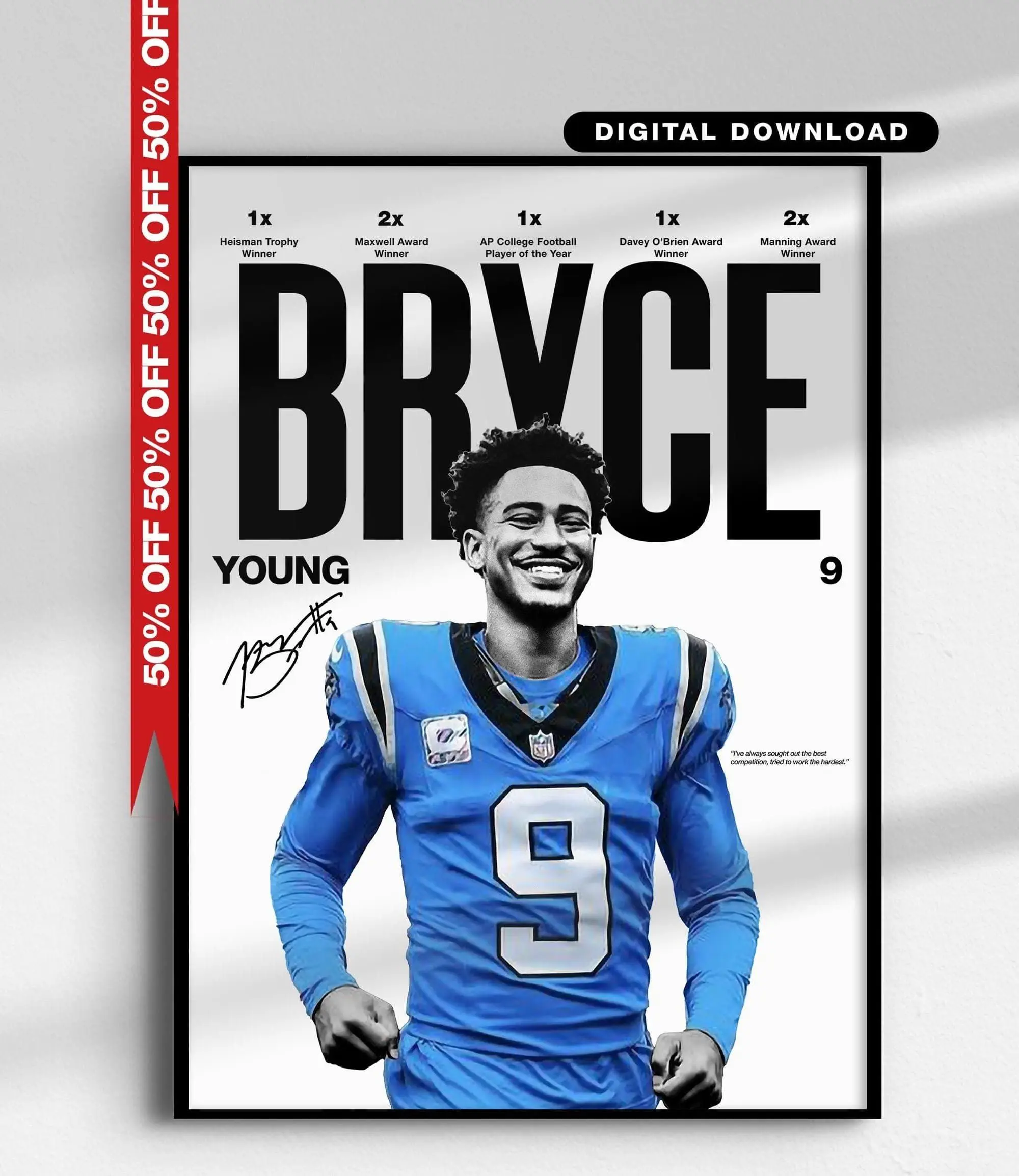 Bryce Young Poster, Carolina Panthers Print, Heisman Winner Poster, Minimalist Sports Decor, Panthers Gift( Unframed - Print Only )