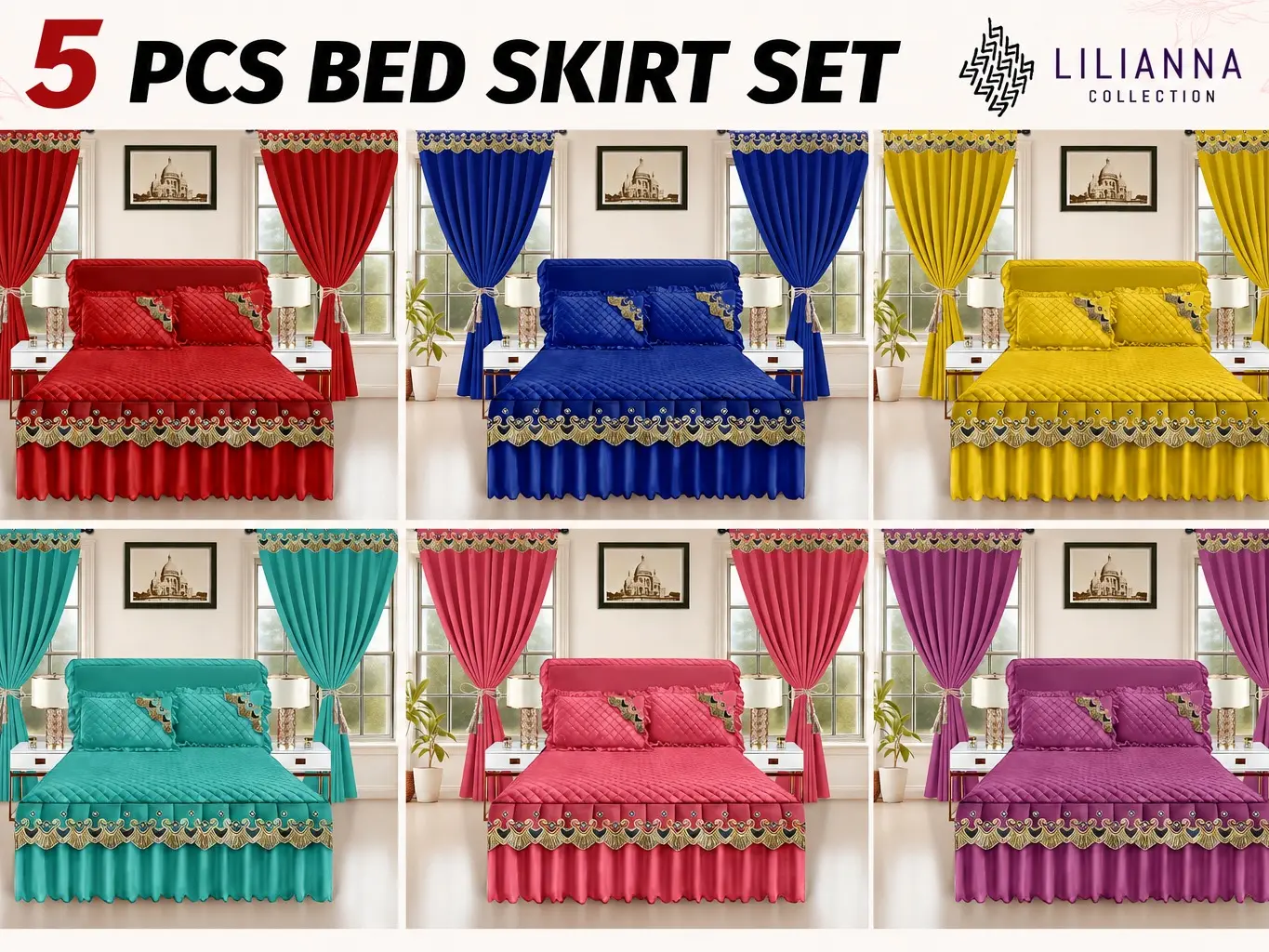 LILIANNA Collection 5-Piece Luxury Bed Skirt & Curtain Set – Elegant Embroidered Bedding Décor with 2 Valance Curtains & 2 Decorative Pillow Covers – King Size
