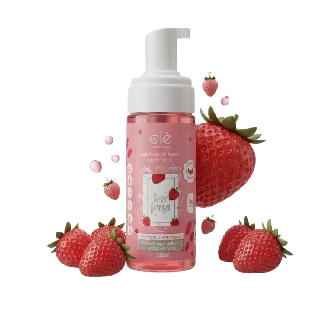 Ole Capilar Strawberry & Rose Petal Facial Wash with Vitamin E - Hydrating Mousse Cleanser for Sensitive Skin, Facial Cleansing, Daily Care, Soothing, Moisturizing, Pore & Acne Control, 150ml Bottle