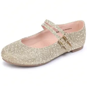 shoeslocker Girls' Gold Glitter Classic Suede Square Toe Mary Jane Ballet Flats - Gold Color, Mary Jane Style, Elegant Princess Shoes for Wedding and School Occasions