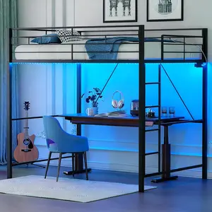 VINGLI Loft Bed Twin/Full Size with LED Lights and Charging Station, Heavy Duty Metal Loft with Safety Guardrail and Ladder for Kids Adults, Small Space Saving Design for Bedroom and Dorm, Black
