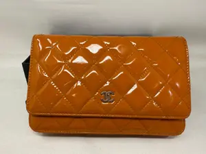 Pre-owned CHANEL Patent Leather Mini Bags Patent Classic Wallet On Chain Orange Mini Bags, Handbags B21 82