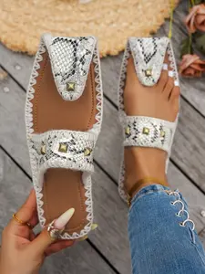 Women's Plus Size Snake Print Rivet Flip Flops, Bohemian Crochet Trim Flat Summer Beach Sandals, Comfortable Casual Footwear