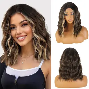Chestnut Highlight Short Wavy Wig for Women Lace Hairline Bob Style Synthetic Heat Resistant - Natural Appearance for Everyday Hairstyle 14 Inch