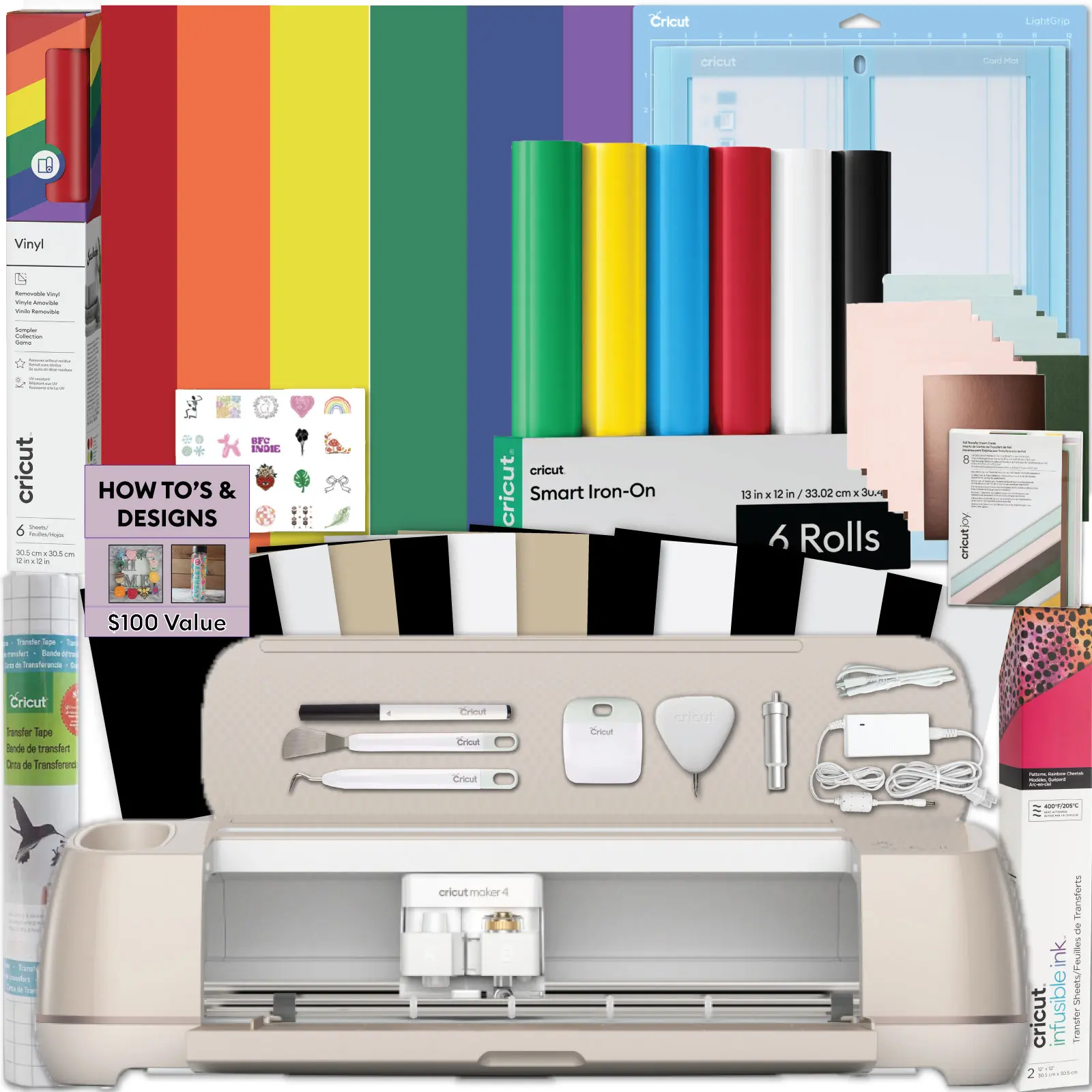 Cricut Maker 4 Machine Ultimate Bundle- Rainbow Vinyl Sampler, Infusible Ink, Card Making Kit, Iron-On Sampler Roll, Tool Set and Cutting Mats, Beginner Cutting Machine Set for Die-Cutting Projects