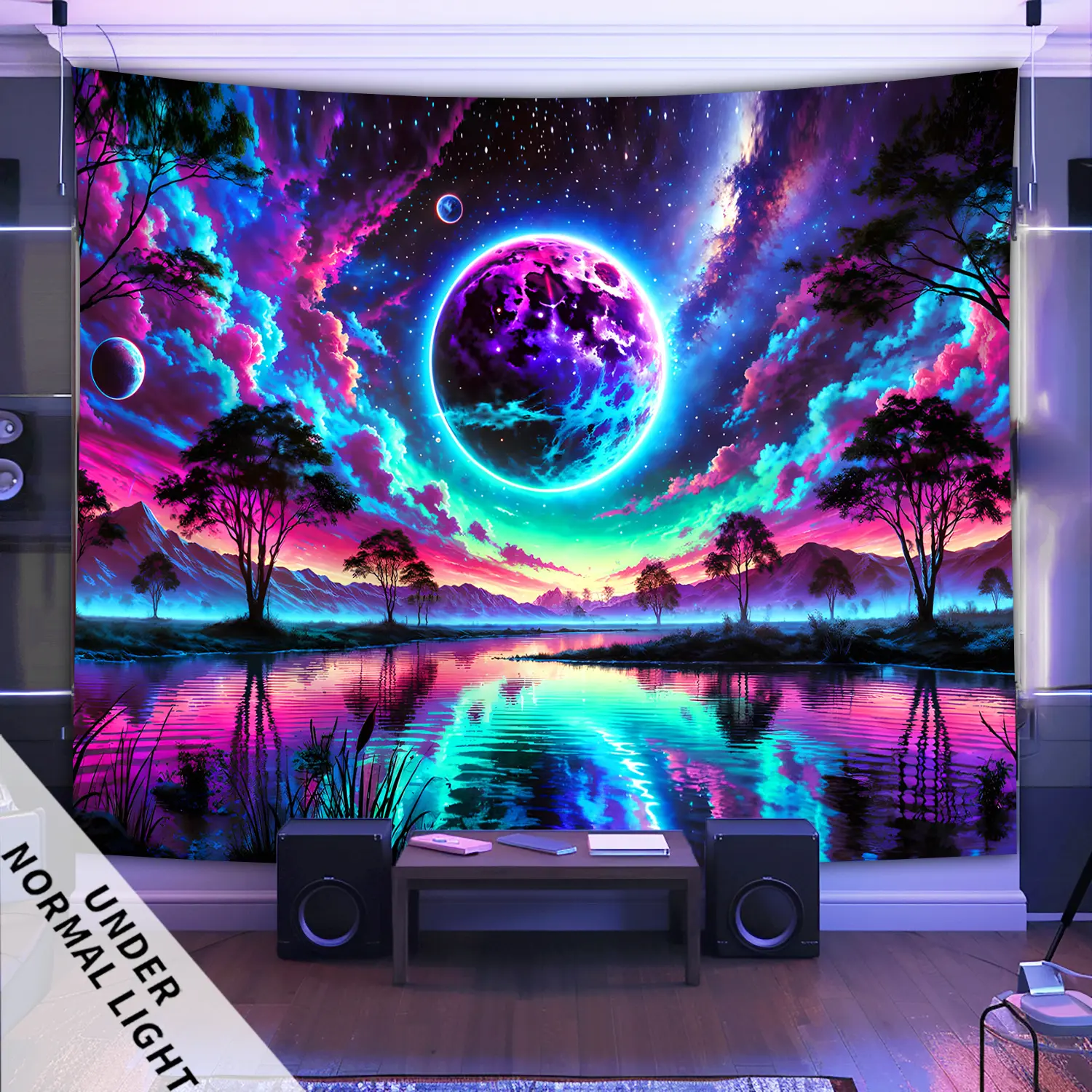 UV Reactive Glow in the Dark Neon Gradient Cosmic Planet Tapestry - Peachy Beige Rectangular Durable Decorative Fabric Wall Decor, Includes Hanging Kit, Suitable for Bedrooms, Parties