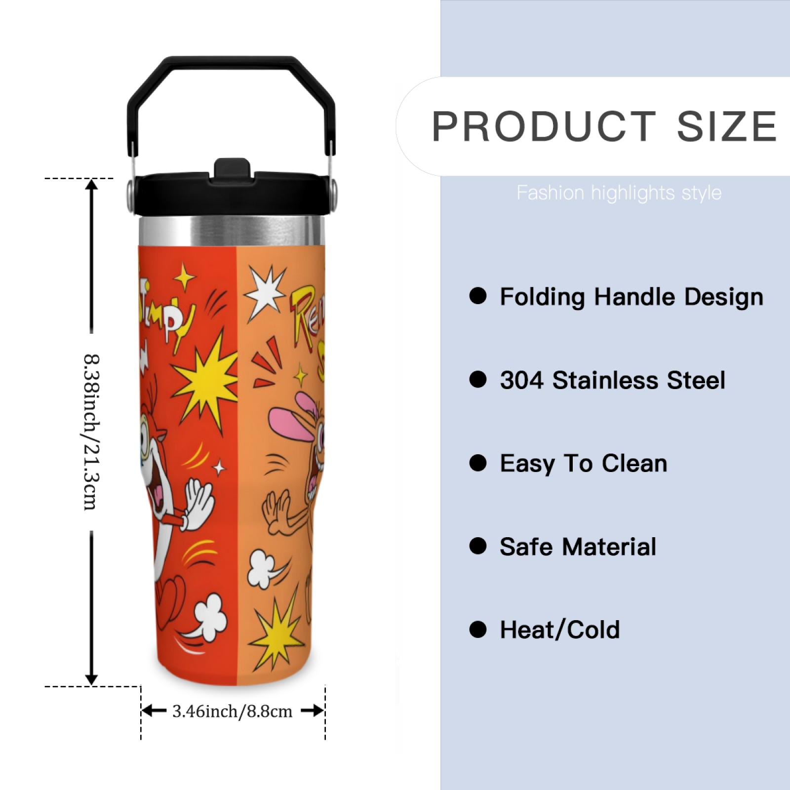 30oz Ren & Stimpy Show Insulated Tumbler, Stainless Steel Reusable Water Bottle with Straw Lid & Folding Carry Handle, Retro Cartoon Travel Cup