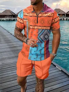 Men's Ethnic Pattern Print Short Sleeve T-shirt & Shorts Set, Regular Fit Casual Round Neck Tee & Shorts, Men's Summer Clothes, Menswear, Island, Tropical