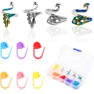 4 count Crochet Ring + 60 count Stitch Markers Adjustable Crochet Tension Rings for Finger Yarn Tension Guide Rings Crocheting Knitting Accessories with Box Gifts for Crocheters Knitters(Peacock)