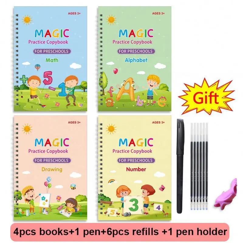 Reusable Grooved Handwriting Workbook for Kids, Learning Materials, 4 Books–Early Elementary, Covers Math, Words, Drawing –Gift for Children School Supplies Classroom Supplies