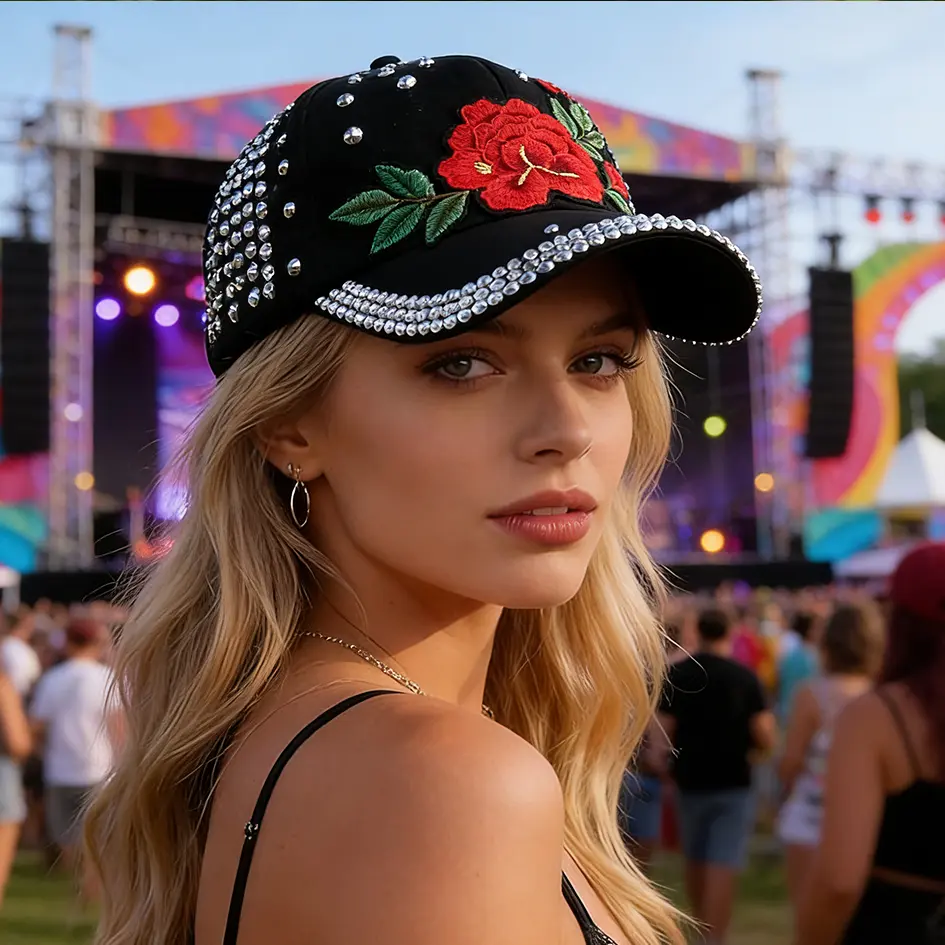 Women's Adjustable Bling Embroidered Rose Flower Design Rhinestone Snapback Denim Sun Hat, Fashion Accessory Cap