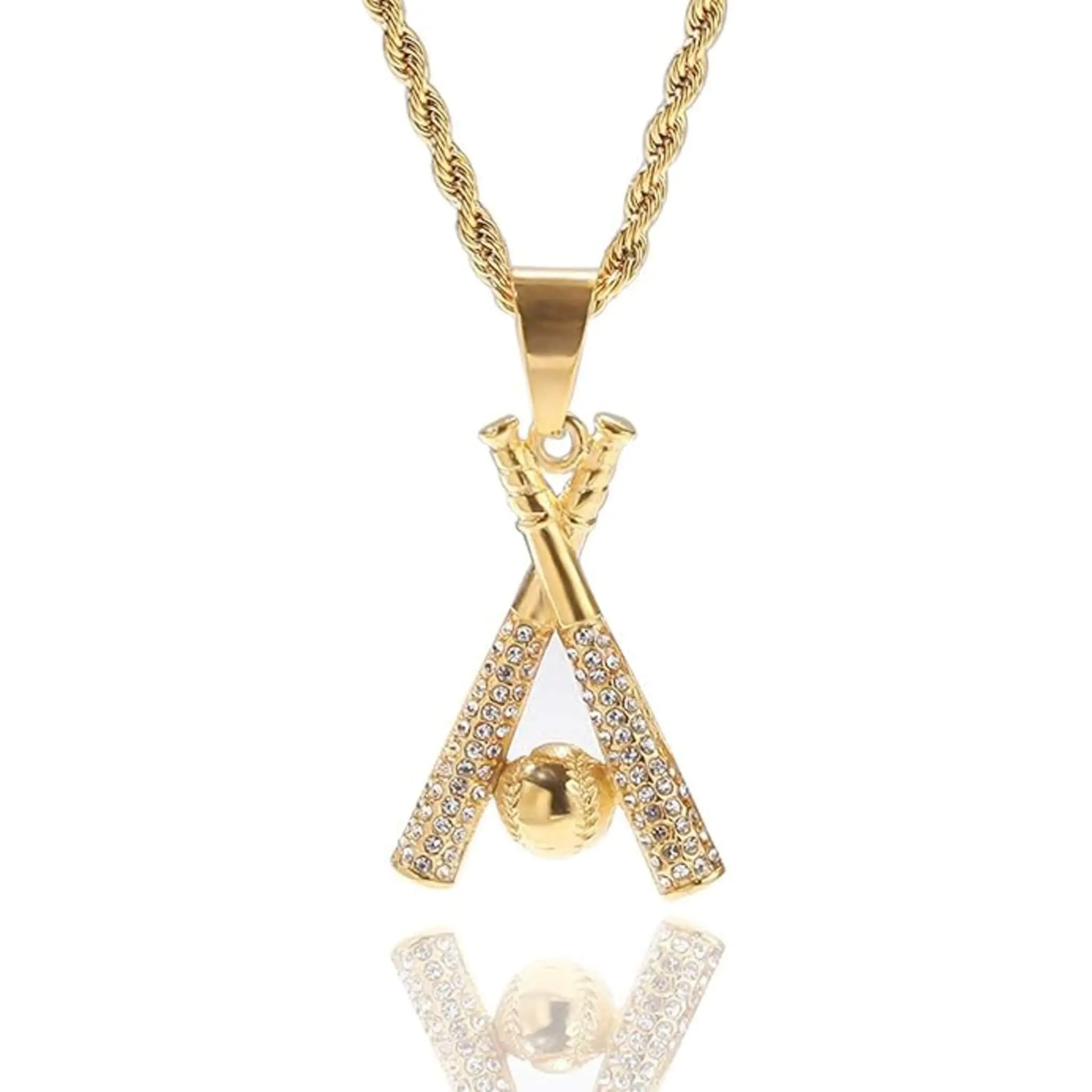 Studded Baseball Bats Pendant and Chain Necklace