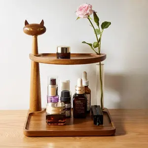 Wooden Cat Design Storage Rack, 1 Count 2-layer Desktop Storage Rack, Multifunctional Storage Organizer for Home Office Kitchen Bathroom, Table Organizers