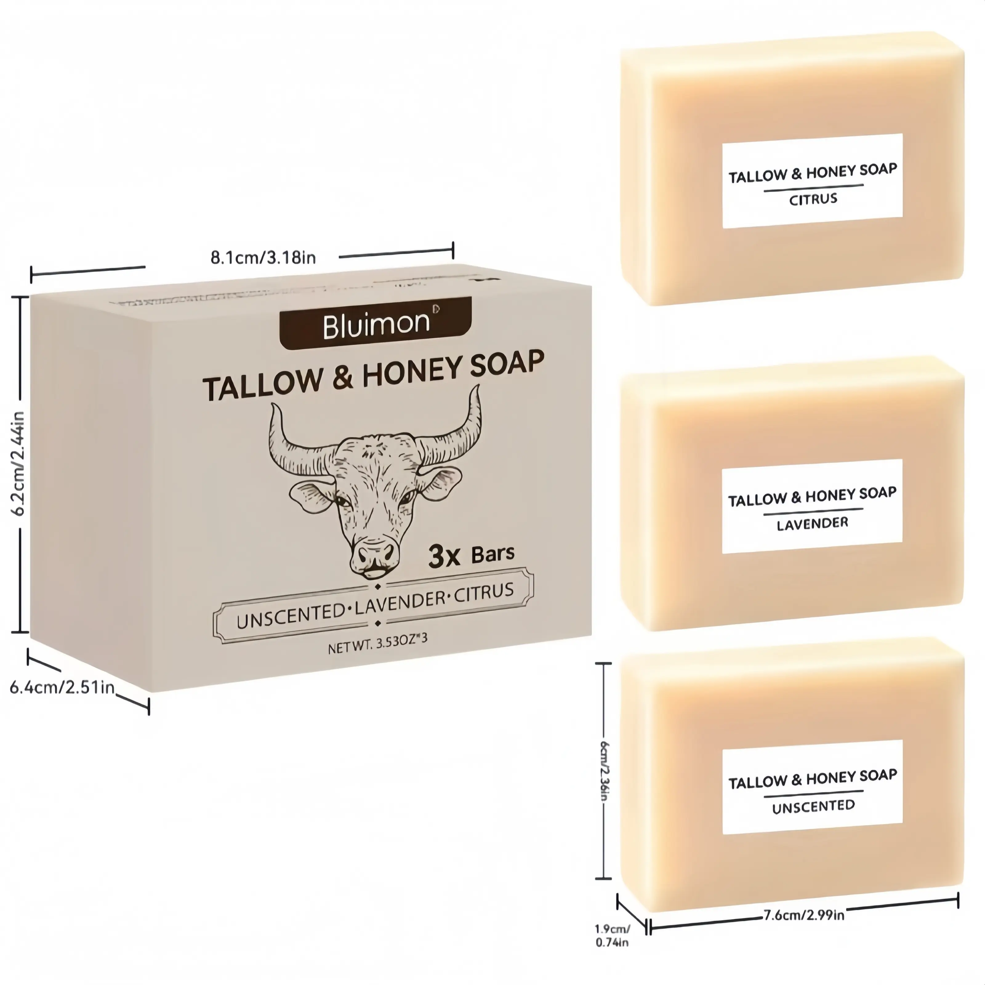 Bluimon Beef Tallow & Raw Honey Soap 3-Pack – Handmade Natural Moisturizing Face & Body Bar Soap, Unscented, Lavender & Citrus