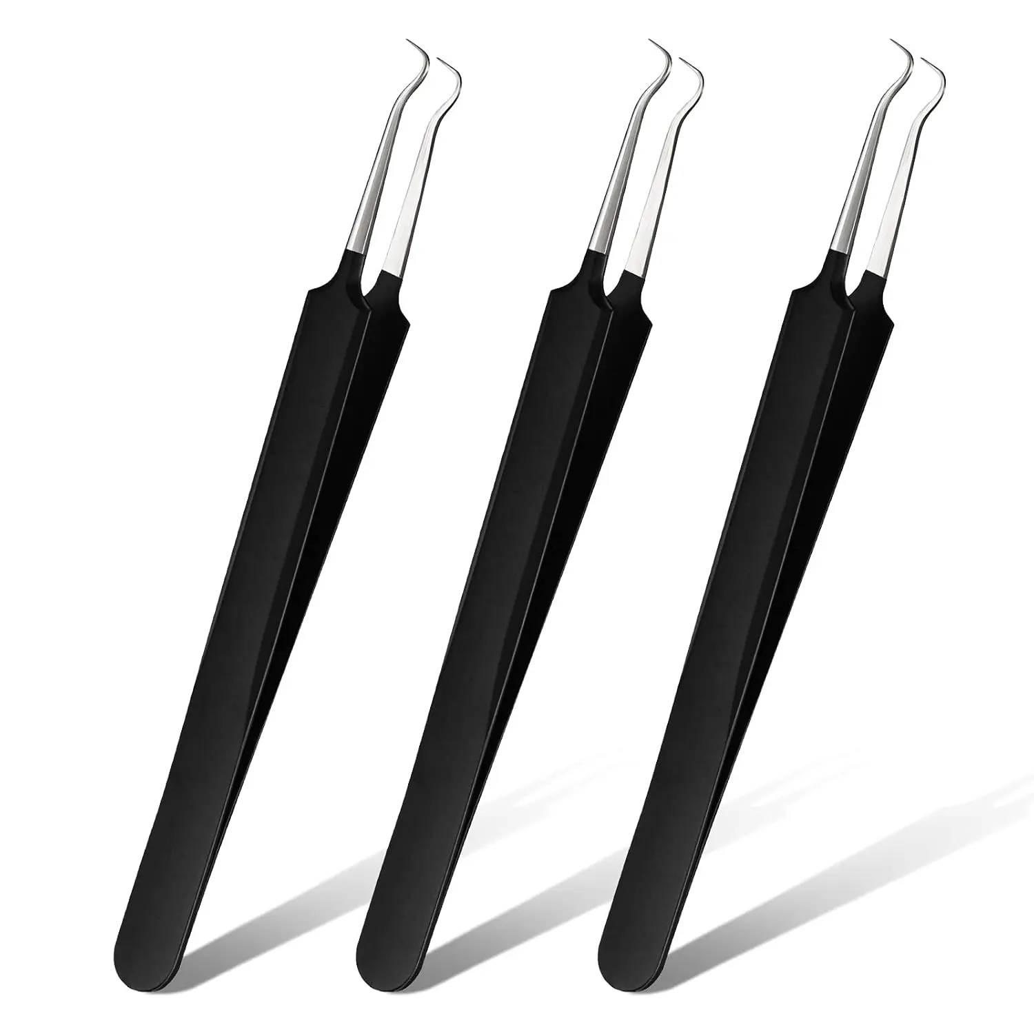 3 Pcs Blackhead Tweezer Stainless Steel Pimple Tweezers Extractor Tool for Remove Zit Whitehead Pimple Bend Curved Tweezer Skin Blackhead Remover Tools(Black)