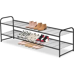 Long 2 Tier Shoe Rack for Closet Metal Wide Stackable Shoe Storage Organizer for Entryway, Bedroom, Floor, 18-Pairs Low Shoe Shelf, Black