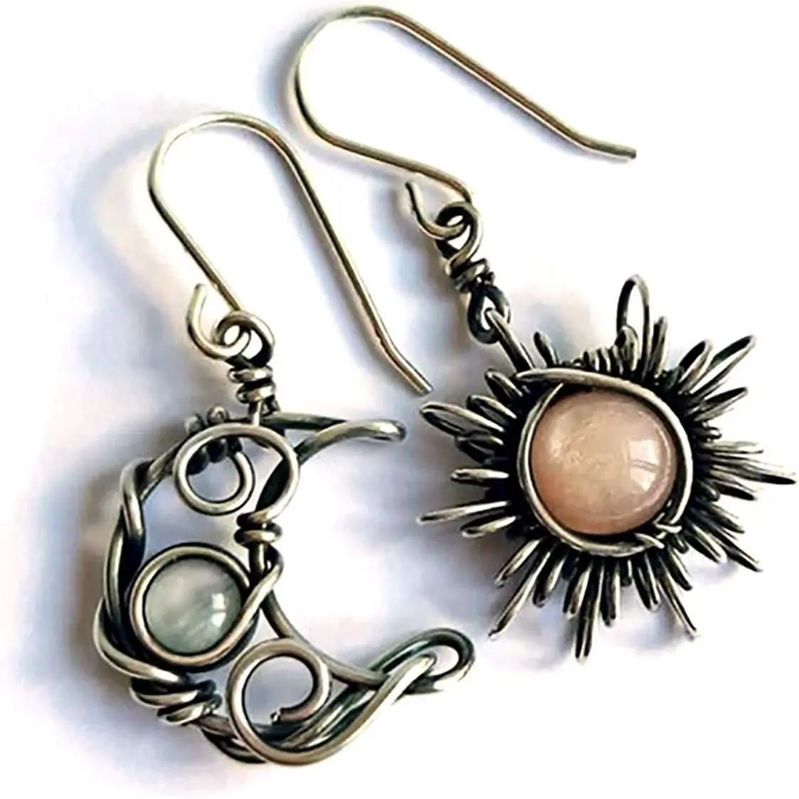 Boho Celestial Earrings for Women, Asymmetrical Sun & Moon Copper Dangle Hooks with Moonstone, Opal & Rhinestones - Lightweight Jewelry for Party & Wedding, Metal, Antiqued Silver