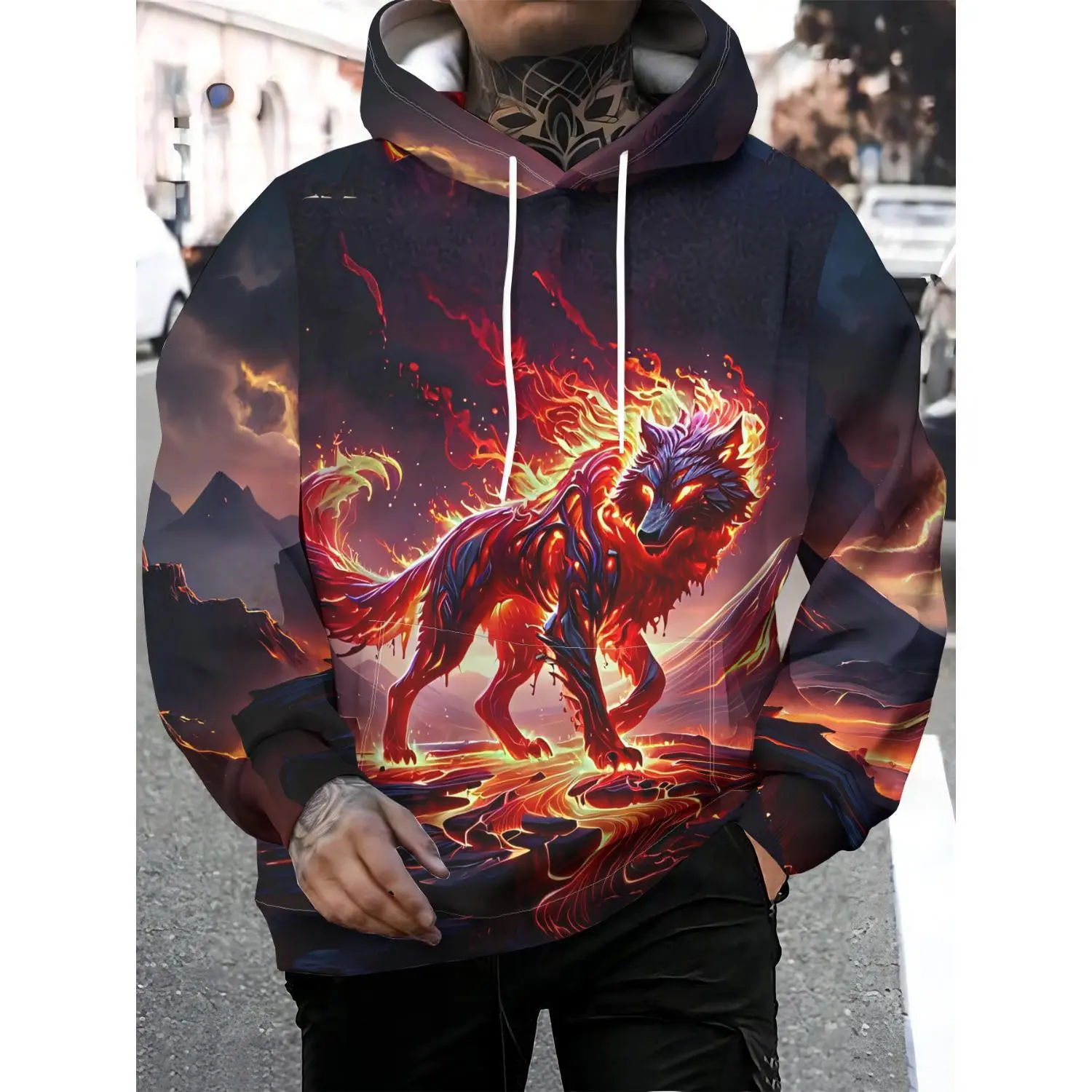 Men's Fierce Flame Wolf Graphic Hoodie - Casual Polyester Pullover with Drawstrings & Pockets, Machine Washable for Everyday Comfort