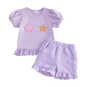 Toddler Baby Little Girl Summer Outfit Starfish Conch Seashell Embroidered Short Sleeve Tops and Plaid Shorts Set 6M-4Y