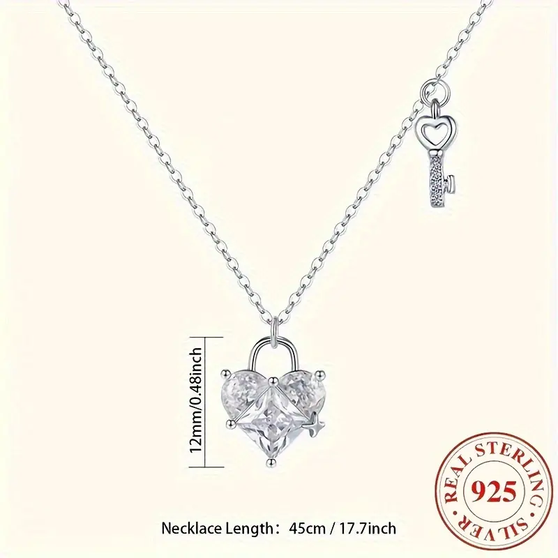 S925 Silver Heart-Shaped Lock Key Pendant Necklace with Synthetic Zirconia - Collarbone Chain, Ideal Birthday & Party Gift for Friends jewelry