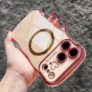 for iPhone 17 Pro Max 16 15 14 13 12 Case for Women Girls [Compatible with MagSafe] Cute Curly Wave Shape, Magnetic Love Heart Pattern Luxury Plating Shockproof Phone Case