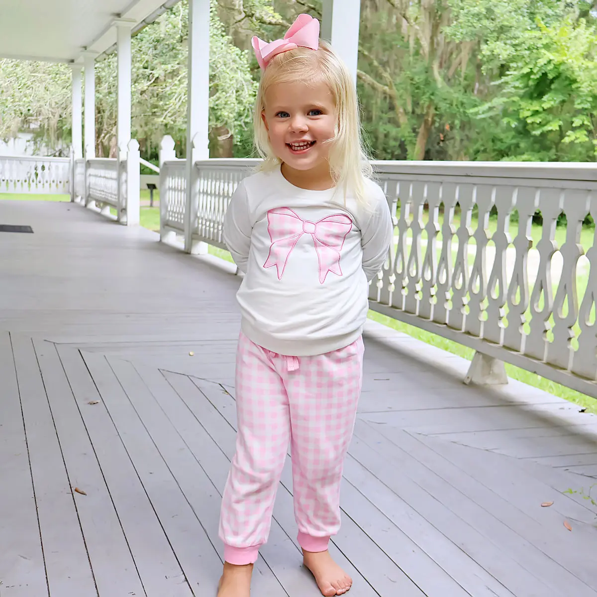 Bow Applique Pink Gingham Jogger Set for Girls