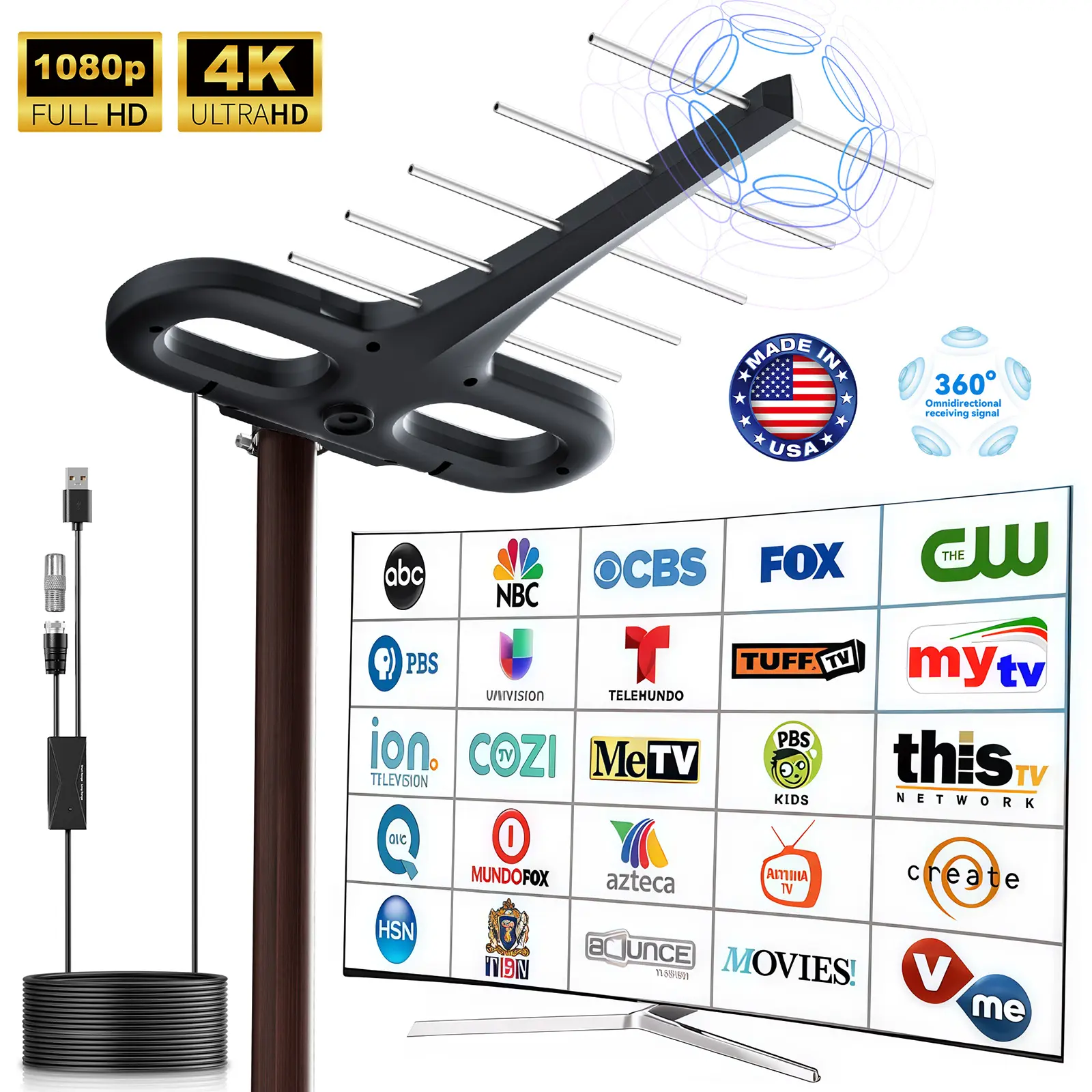 Amplified Outdoor TV Antenna For Local Channels– Long Range with UHF/VHF, 360° Rotation and 16.4FT Cable – Supports 4K, 1080P, Smart and Older TV, Superior Reception Range & Signal Reliability, Supports OTA Broadcast & NextGen TV, Easy Instal