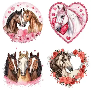 Horse Pattern Iron-on Transfer Sticker, 4 Counts/set Romantic Cartoon Horse Patterns with Hearts & Roses, DIY Heat Transfer Patches for T-shirts, Backpacks