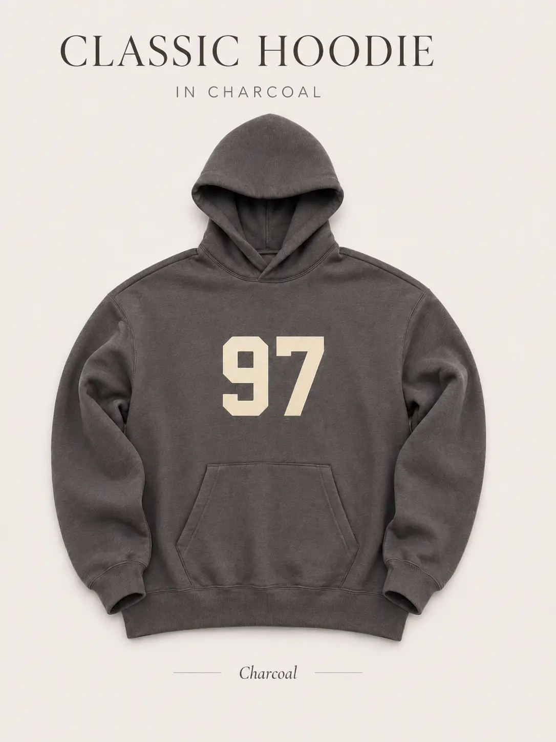 Men's 97 Graphic Hoodie, Relaxed Fit Pullover Charcoal-Black Sweatshirt with Double-Layer Hood & Kangaroo Pocket, Casual Streetwear