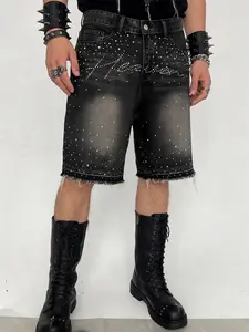 Men's rhinestone-embellished denim shorts, black-gray washed denim five-point shorts, decorated with silver rhinestones, straight-leg ripped frayed design, Y2K street fashion shorts with Zipper, Streetwear, Natural
