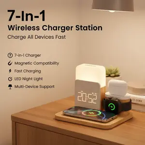 7-in-1 wireless charger charging station magnetic portable charger magnetic phone charger supports MagSafe fast charging chargers for iphone LED night light clock USB-A/USB-C charger compatible with iPhone/Android/Apple Watch/AirPods mini speaker