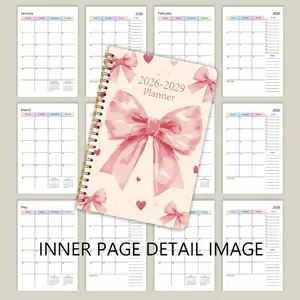 This spiral-bound notebook, Planner notebook, Office stationery supplies, designed for planning 2026-2029, with a pink bow on the cover, includes to-do lists, monthly calendar layouts, size 13.97 X 21.08 cm