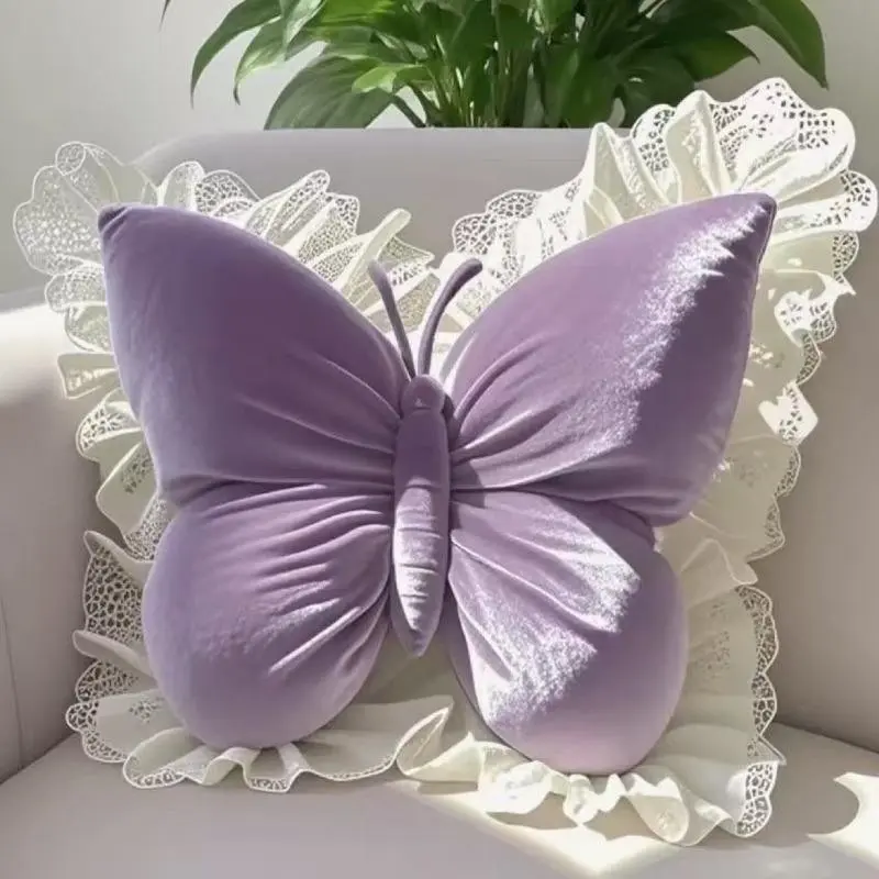 French Dreamy Butterfly Cuddle Pillow, Soft and Cozy Home Decor, Cream Lace Butterfly Cushion, 1pc, Perfect for Relaxing Atmosphere