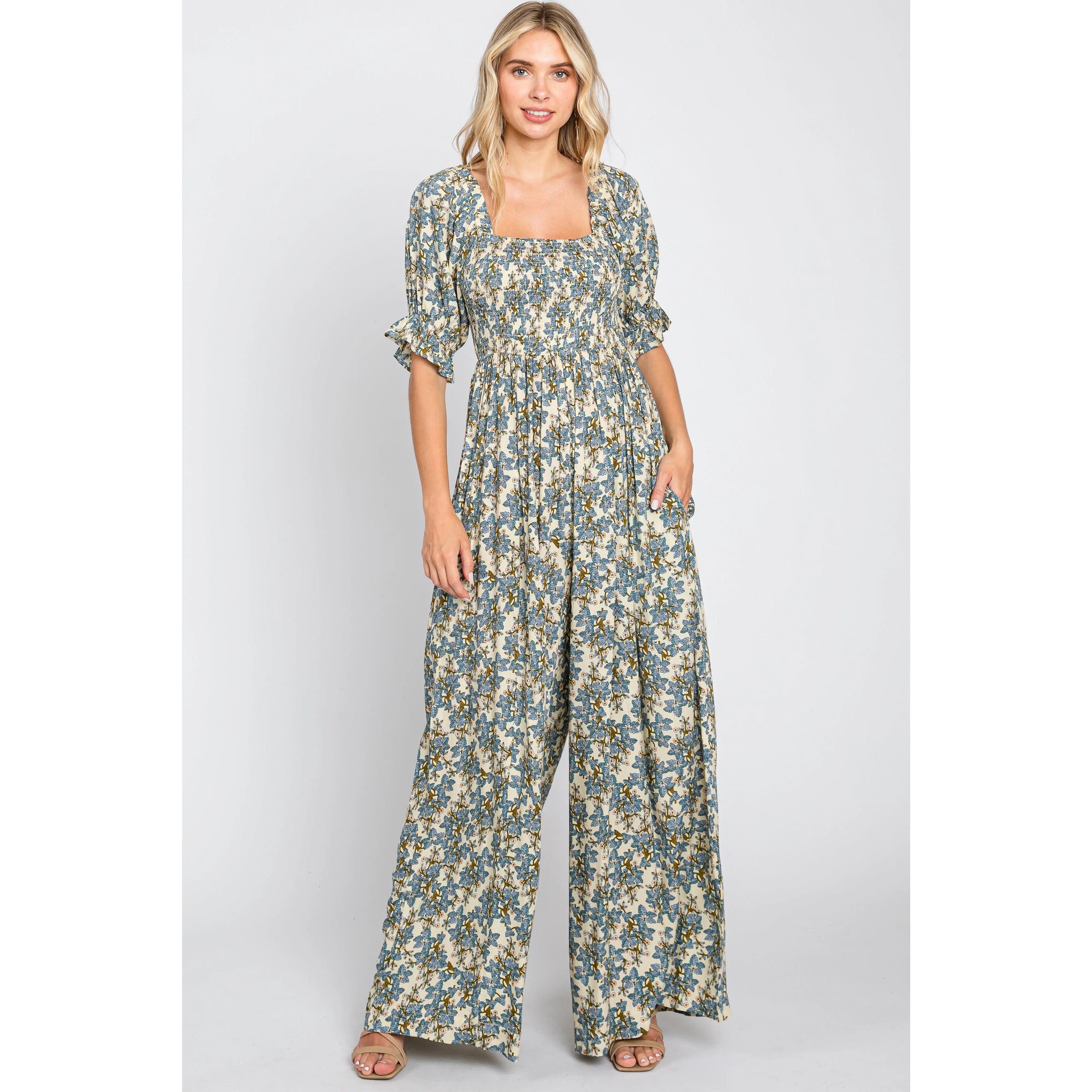 Cream Floral Smocked Jumpsuit