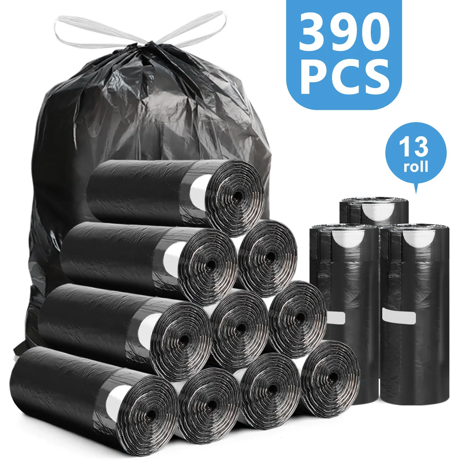 Household Trash Bags, 4 Gal Black with a White Cord Unscented Tear-Resistant Leak-Proof Bin Liners (390 Count/390pcs, 0.01*450*500+55mm, 17.7x19.6in, 17.5lb Capacity) for Bathroom, Wardrobe Use