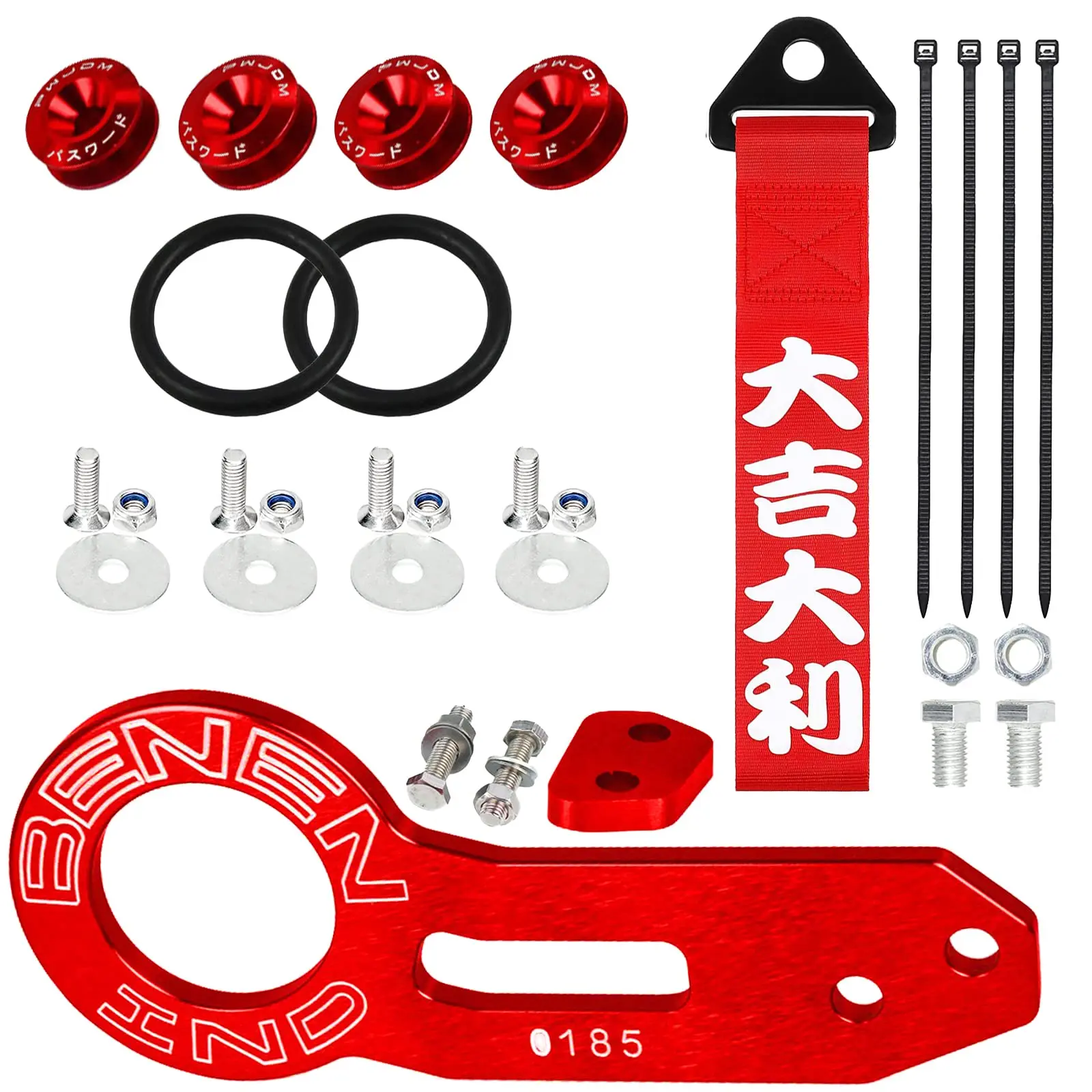 Aluminum Rear Tow Hook, Universal Car Bumper Quick-Release Front Fasteners, Decorative Strap with Personalized Slogan (Red)