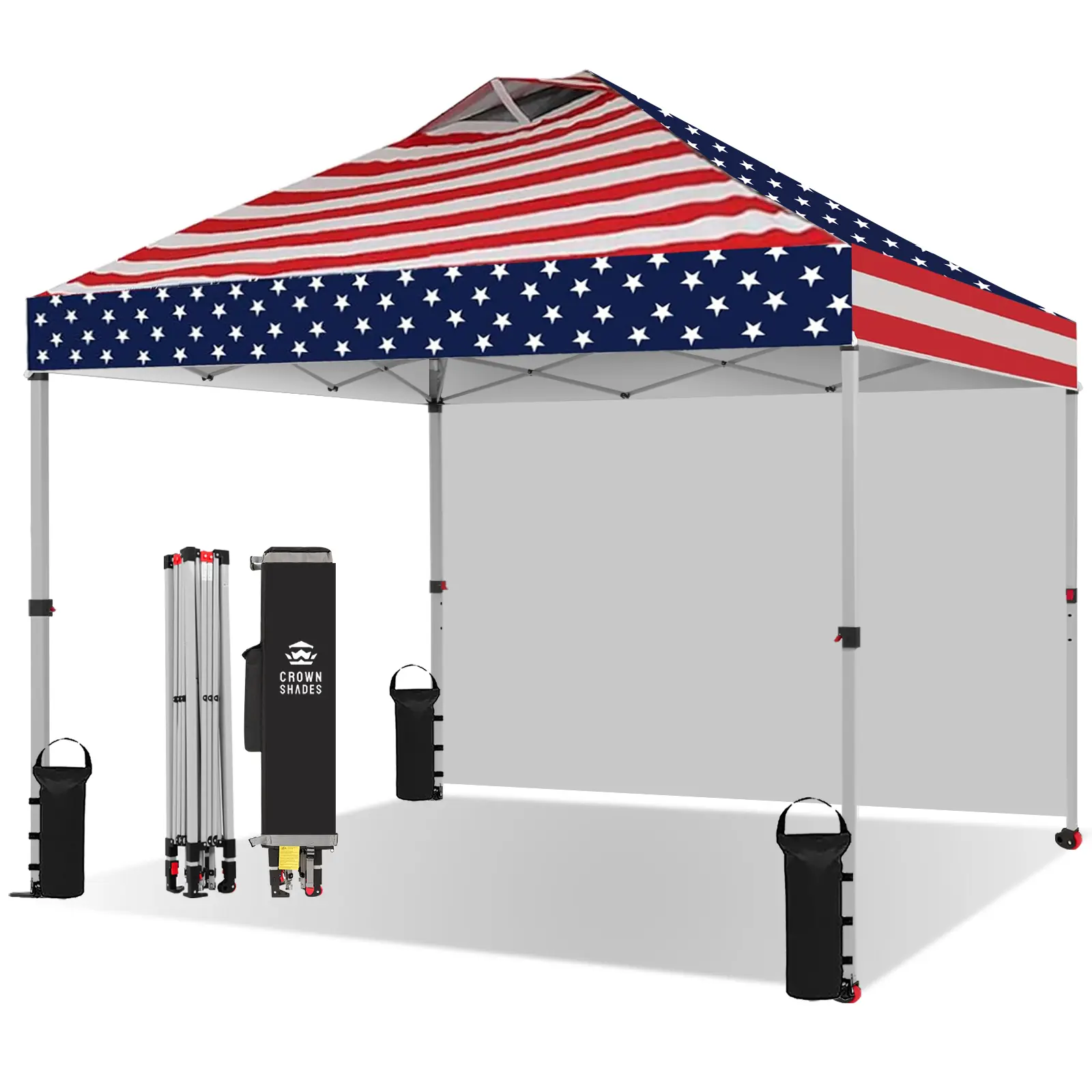 CROWN SHADES 10x10 Pop Up Canopy with 1 Side Wall - Beach Tent with One Push Setup - Outdoor Sun Shade for Events, Parties, Camping - Gazebo with STO-N-Go Cover Bag,American Flag design