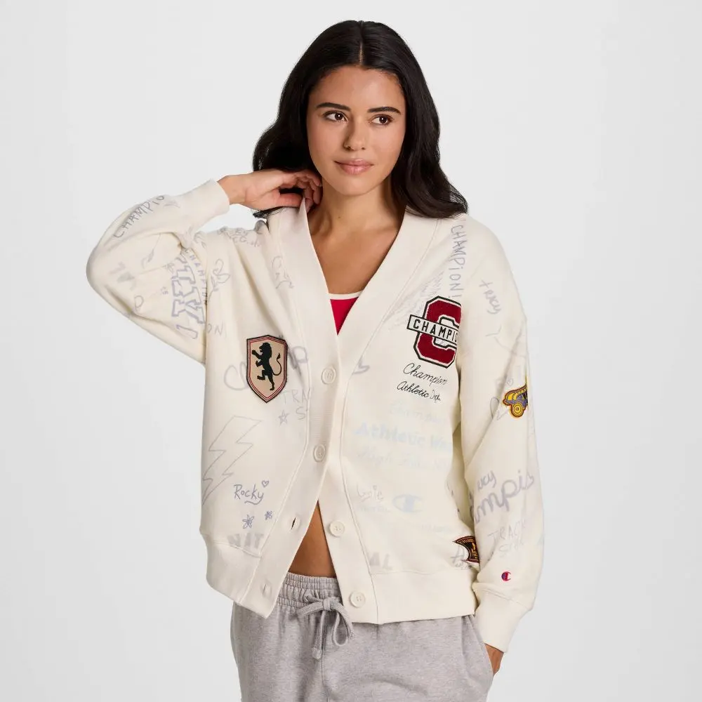 Champion Women's Varsity Style Cardigan, Midweight Fleece Fabric with Doodle Print and Patches, Ribbed Trim for Everyday Wear