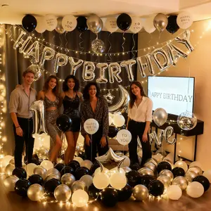 83-piece black and silver decoration set, including 16 'Happy Birthday' letter heart-shaped foil balloons, suitable for party decorations and anniversary supplies for men and women, birthday balloon decoration items Photo。gifts for boyfriend