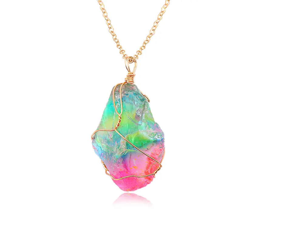 Gold tone Rainbow Quartz Wire wrapped Crystal Necklace
