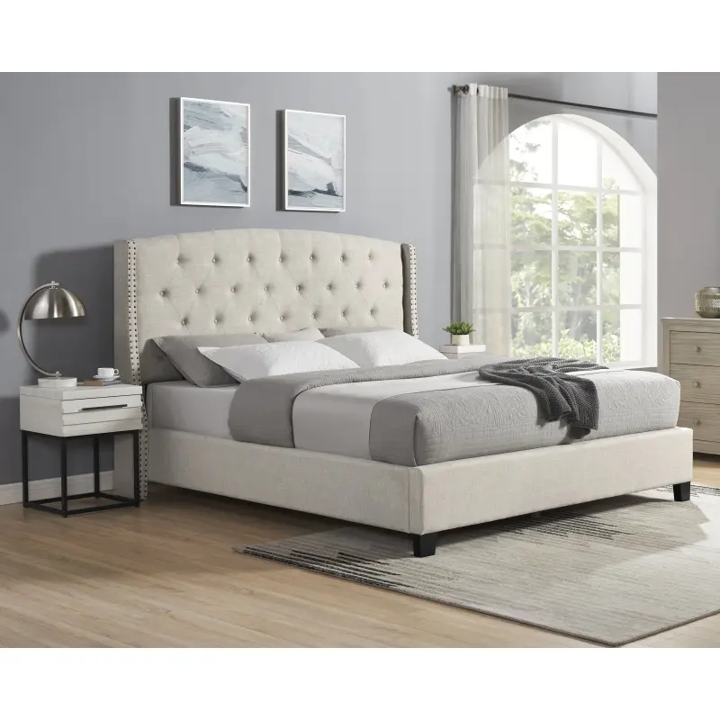 Bellemave Astral 3-Piece Upholstered Bedroom Furniture Set - Tufted Wingback Bed Frame with 2 White Nightstands
