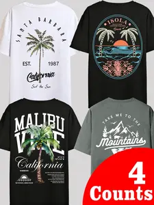 Unisex Men's Letter & Landscape Print Drop Shoulder Tee, Regular Fit Street Round Neck Short Sleeve T-Shirt, Menswear for Daily Wear