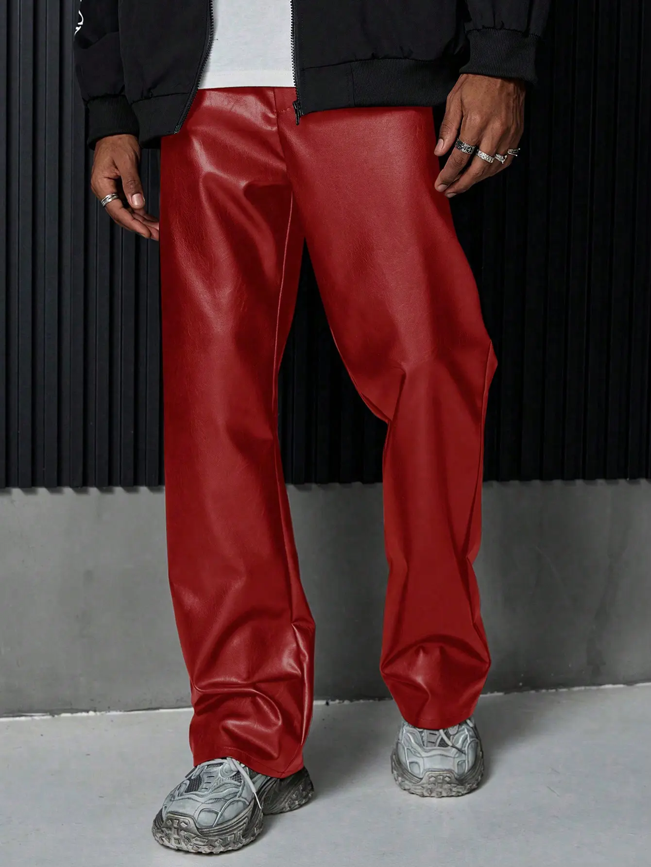 Pants men - Men's Red PU Leather Straight Leg Pants for Casual Streetwear and Night Outfits dad gifts vacation fits fall outfit vacation outfit outfits men baggy pants fall outfits vacation outfits streetwear fall outfits men Menswear Trouser Plain Beige
