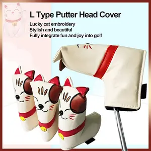 Golf Putter Cover Lucky Cat Embroidery, Waterproof PU Material L-Shaped Headcover, Golf Accessories for Protection and Style