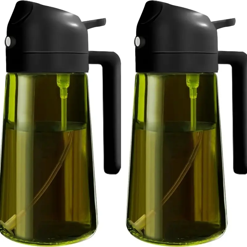 2. Food-grade oil sprayer with a 16-ounce, light-resistant glass oil bottle. A two-in-one device for spraying and pouring oil, perfect for the kitchen, olive oil dispenser, and cooking oil container.