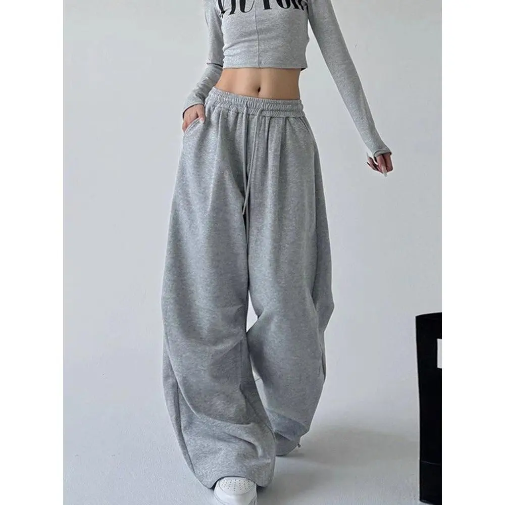 Harajuku Wide Leg Sweatpants Women Streetwear Baggy Oversize Gray Sports Pants High Waist Drawstring Casual Joggers Trousers