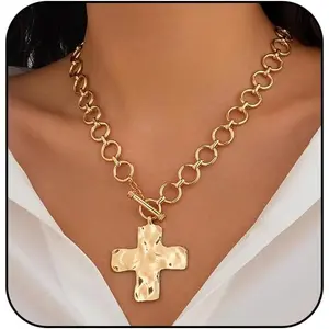 Gold Chunky Cross Necklace for Women Statement Cross Pendant Necklace Layered Hammered Bold Cross Necklace Vintage Toggle Clasp Necklace Jewelry