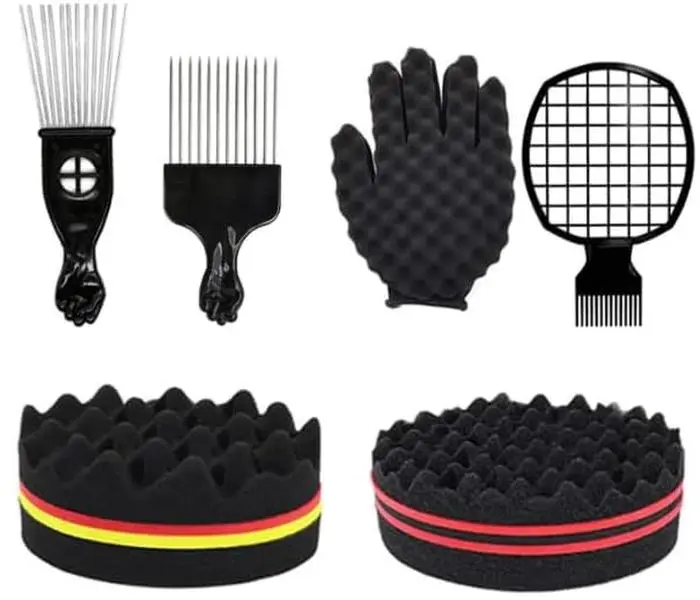 6 PCS Hair Sponge Set, Afro Brush, Magic Curl Glove, Metal Pick Comb, and Twist Comb for Hairstyling (Black)